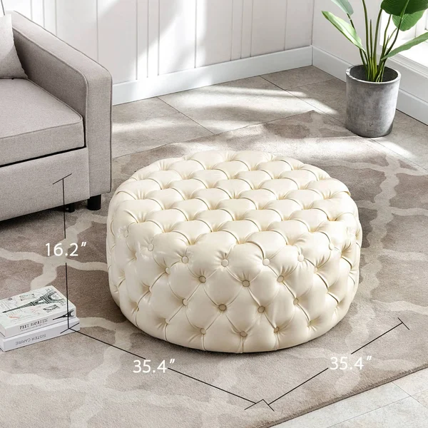 KINWELL 35.4 in. Beige Round Cocktail Ottoman