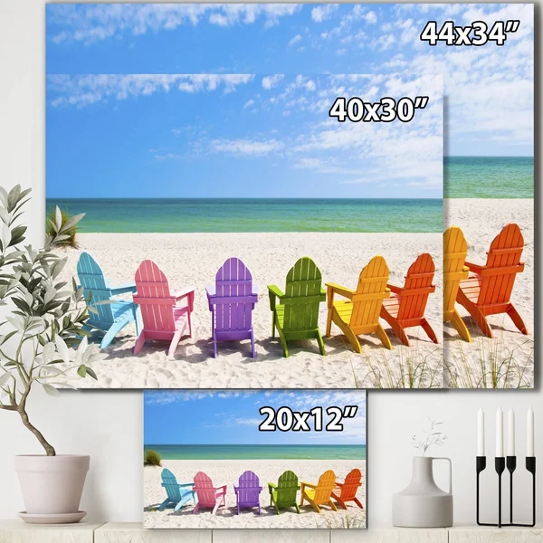 Designart &Adirondack Beach Chairs & Seashore Photo Canvas Art Print, Size: 40 inch x 20 inch, Blue