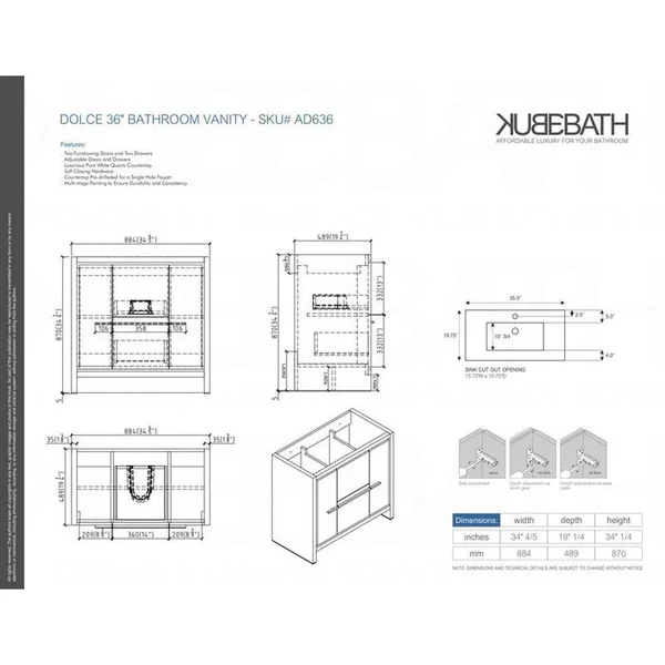 KubeBath - Dolce 36x22 Rose Wood Modern Bathroom Vanity with White Quartz Counter-Top