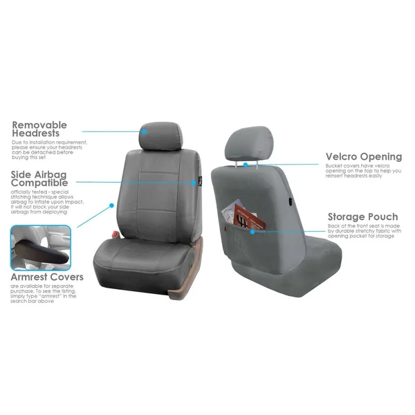 FH Group Gray Faux Leather AIRBAG Compatible and Split Bench Car Seat Covers Full Set