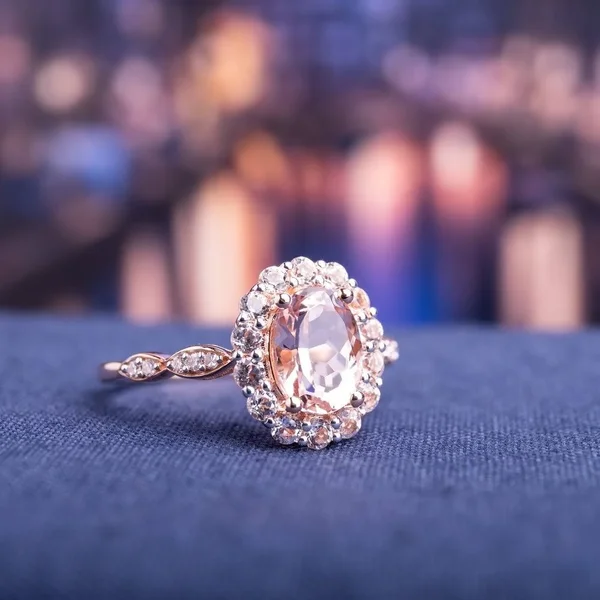 Miadora 14K Rose Gold Morganite and White Topaz and Diamond Halo Ring (Size: 6), Women's, Pink