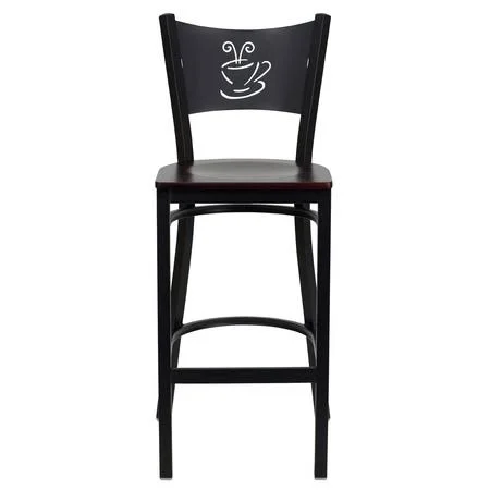 Flash Furniture 2 Pk. Hercules Series Black Coffee Back Metal Restaurant Barstool - Mahogany Wood Seat