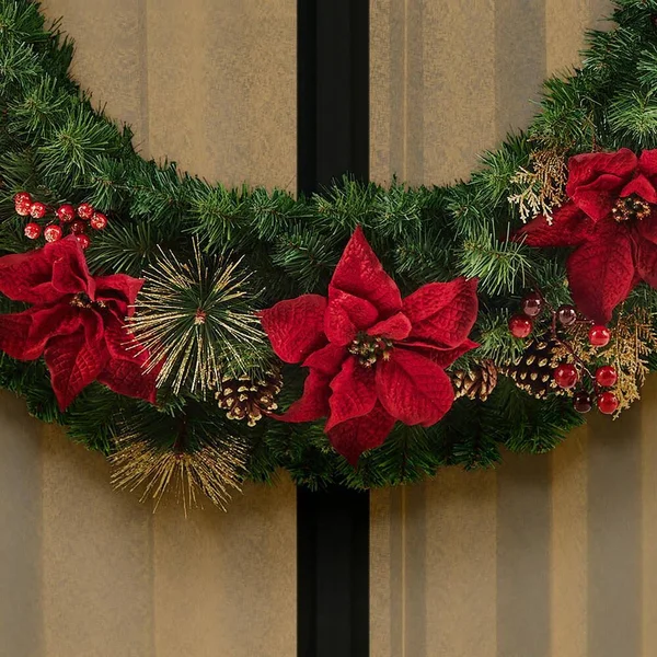 Home Holiday Accent 48 in. Burgundy Poinsettia Mixed Pine Wreath with Berries - Gold Glitter Cedar