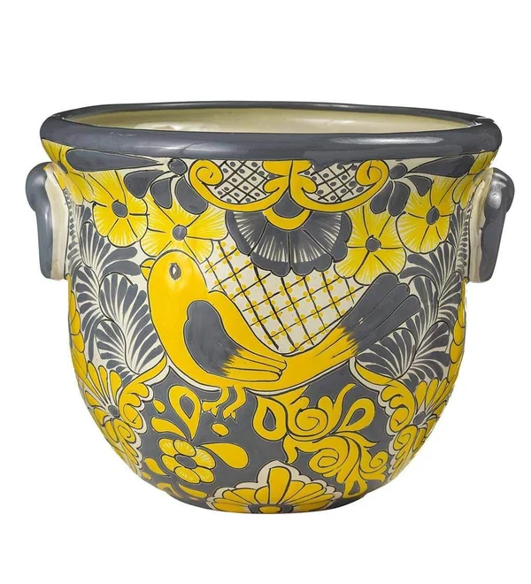 Wind & Weather Large Yellow Hand-Painted Talavera-Style Clay Planter