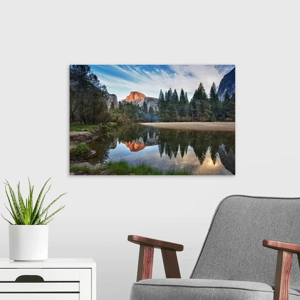 Half Dome Reflecting in Merced River in Yosemite National Park., Canvas Wall Art, 24x16, Great Big Canvas