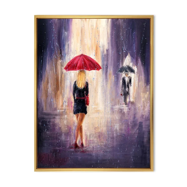 Designart 'The Woman with The Umbrella Walking in The Rain II' French Country Framed Canvas Wall Art Print - 12 in. Wide x 20 in