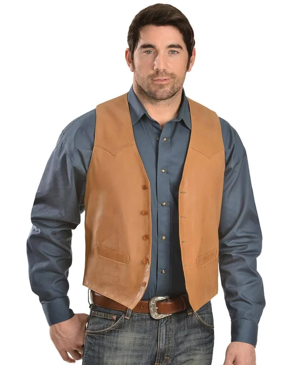 Scully Leather Mens Western Lambskin Button Vest Ranch Tan