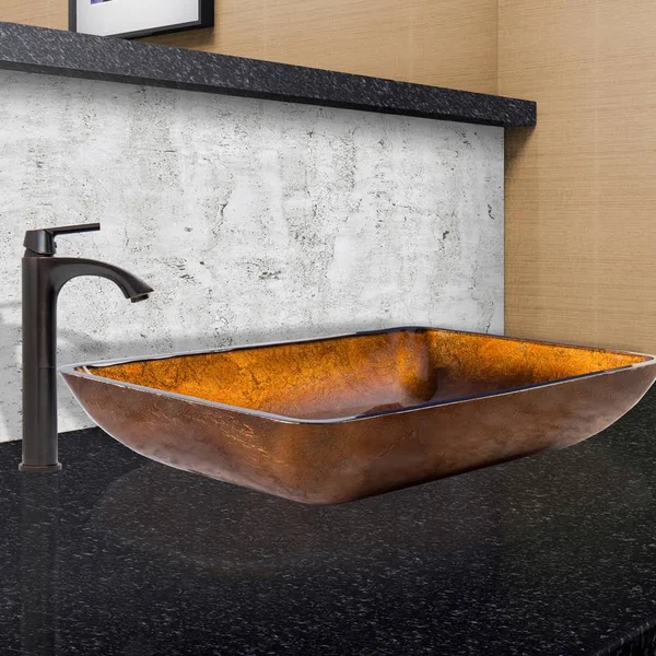 Vigo Rectangular Russet Glass Vessel Sink and Linus Faucet Set, Antique Rubbed Bronze VGT494