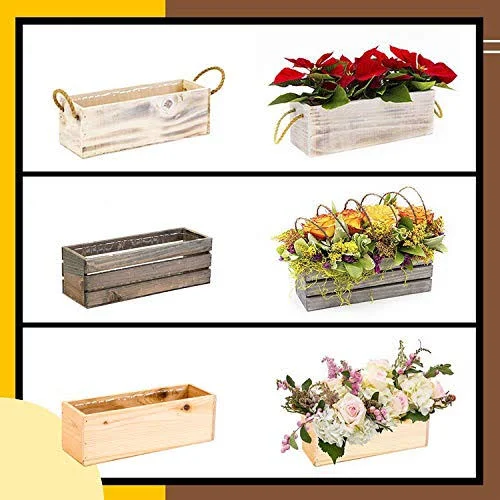 Wood Planter Box with Wine Crate Styled, 12x4 inch Rectangular, Rustic Barn Wood, Plastic Liner, Garden Centerpiece Display, Wed