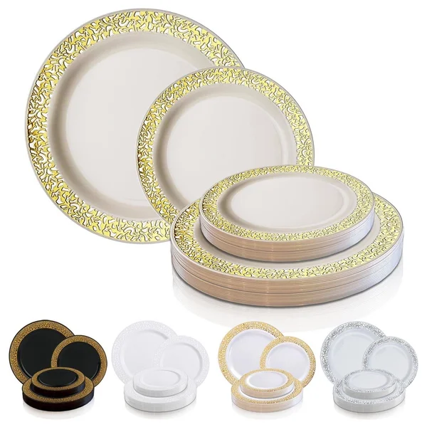 Shiny Lace Rim Disposable Plastic Plate Packs - Party Supplies (Black with Gold Rim - 120pcs - Salad Plates)