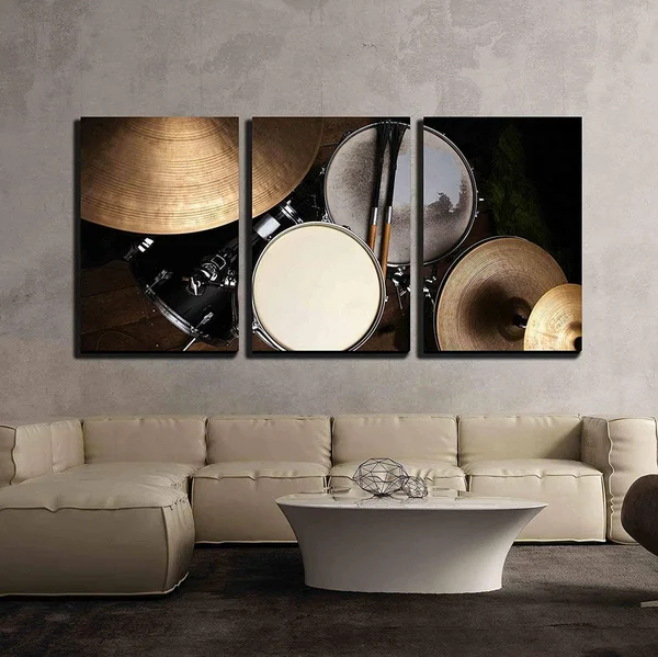 Wall26 - 3 Piece Canvas Wall Art - Drum Set in Dramatic Light on A Black Background - Modern Home Decor Stretched and Framed Rea
