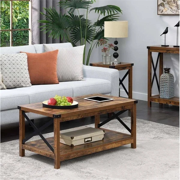 Pemberly Row Coffee Table in Nutmeg Wood Finish and Black Metal