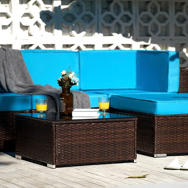 CO-Z 5 Pcs Outdoor Patio Furniture Set, Sectional Sofa, Table - Walnut & Blue, 29.5 x 29.5 x 25 in