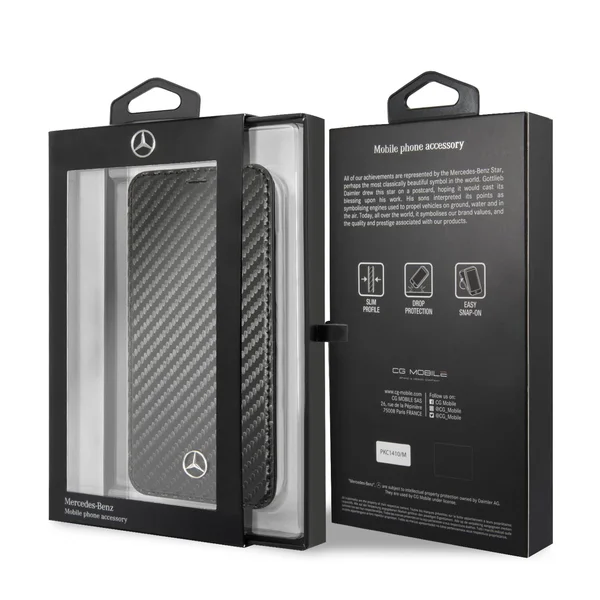 Mercedes-Benz Hard Case P.U. Leather Carbon Fiber Effect Wallet - iPhone SE/8/7 Black