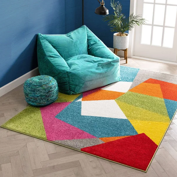 Art Deco Geos Multi Cubes Yellow Orange Blue Modern Abstract Shapes Colorful 5x7 ( 5&3 inch x 7&3 inch ) Area Rug Easy Clean Sta