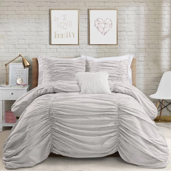 Lush Decor Ruching Ticking Stripe Comforter Gray Set Full/Queen