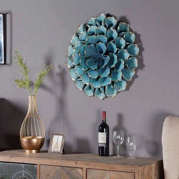 Distressed Teal Blue Metal Flowered Wall Art 3D Hanging Flower Sculpture Metallic Gold Accents Living Room Bedroom Home Decor - 2