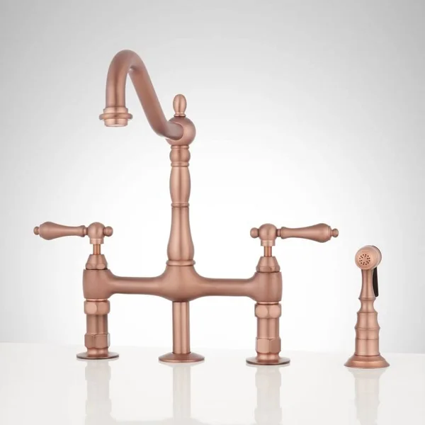 Signature Hardware 907295 Bellevue Bridge Kitchen Faucet with Brass Sprayer - Lever Handles Antique Copper Faucet Kitchen Double