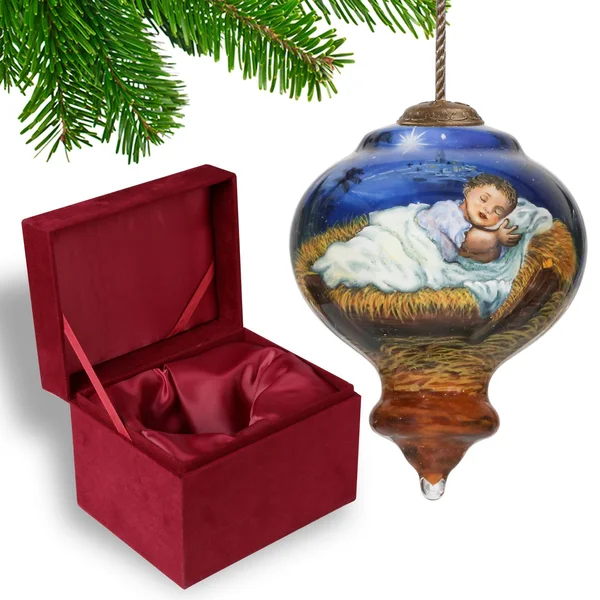 3.75x22 Away in A Manger Religious Christmas Gem Shaped Glass Ornament