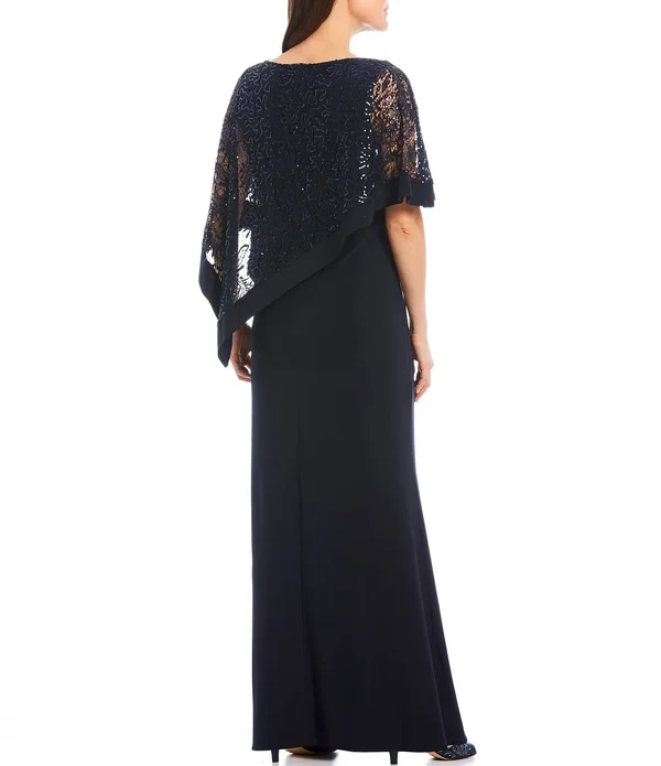 R & M Richards Women's Lace Poncho Overlay Gown - Black - 12