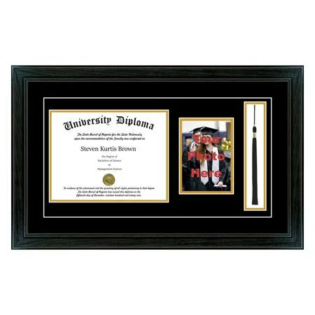 Perfect Cases and Frames Single Diploma Frame with 5x7 Photo, Tassel and Double Matting for 15x22 x 12x22 Tall Diploma with Blac