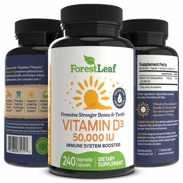 Vitamin D3 50, 000 IU Weekly Supplement - 240 Vegetable Capsules - for Bones, Teeth, Immune System and Muscle Function - by Fores