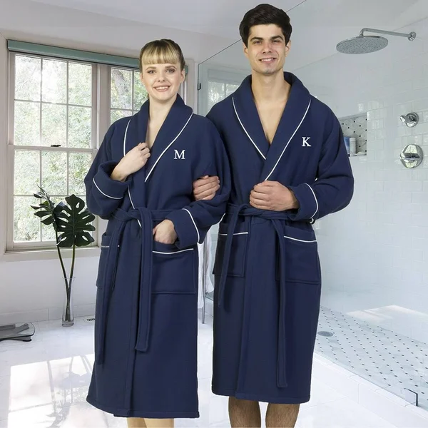Linum Home Textiles Hotel Turkish Cotton Waffle Terry Bathrobe with Satin Piped Trim - Personalized - Navy, Blue