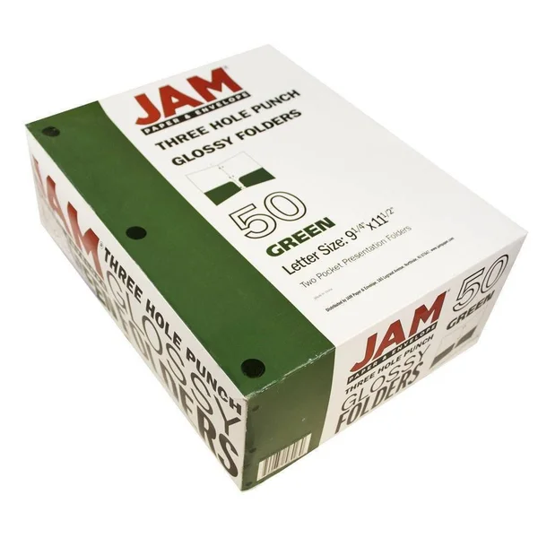 Jam Paper Laminated Glossy 3 Hole Punch Two-Pocket School Folders - Green, Bulk 100/Box (385GHPgrb)
