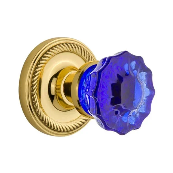 Nostalgic Warehouse Rope Rosette Passage Crystal Cobalt Glass Door Knob in Polished Brass