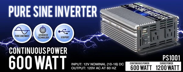 Power Techon 600W Pure Sine Wave Inverter 12V DC to 120V AC PS1001