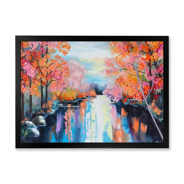 Designart 'Orange Autumn Forest by The River' Lake House Framed Art Print - 32 in. Wide x 16 in. High - White