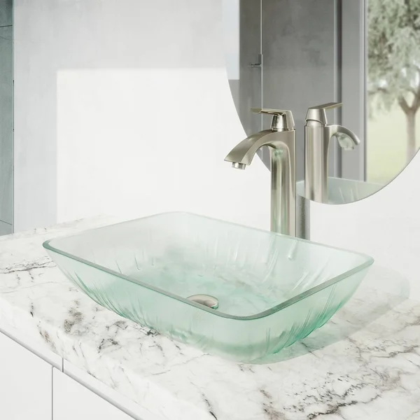 Vigo VGT1800 Rectangular Icicles Glass Vessel Bathroom Sink Set with Linus Vessel Faucet in Brushed Nickel