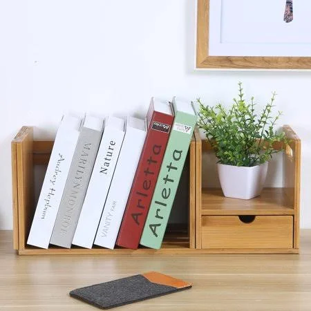 Maydear Bamboo Desktop Bookshelf Expandable Desktop Organizer Table Top Bookcase - with 1 Drawers, Desk Storage Organizer Displa