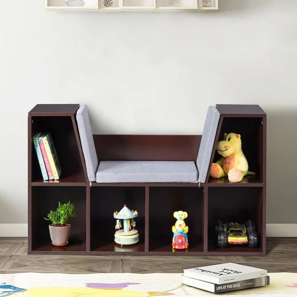 Costway 6-Cubby Kid Storage Bookcase Cushioned Reading Nook-Brown