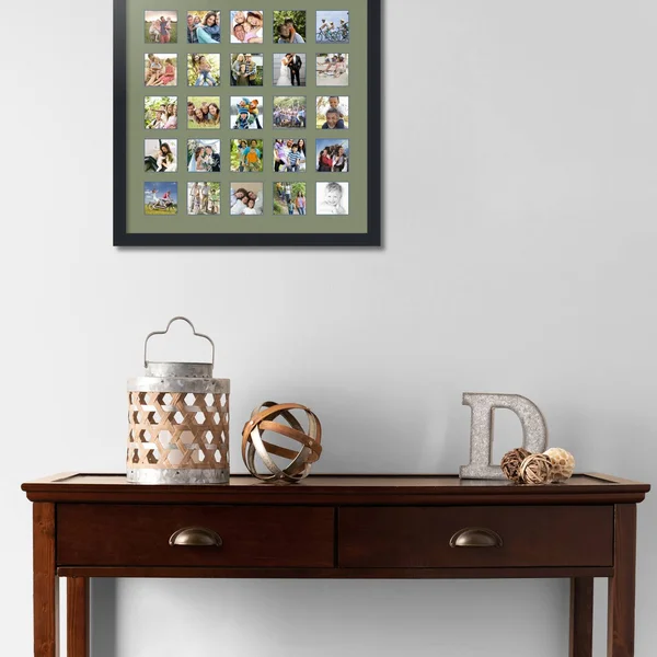 Collage Picture Frame, Satin Black Frame with 25 openings for 3x3 Photos with Green Basil Mat. D3926GK2093, ArtToFrames