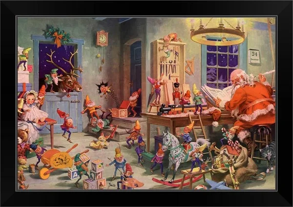 Santa and Elves, Workshop, Black Framed Wall Art, 24x16, Great Big Canvas