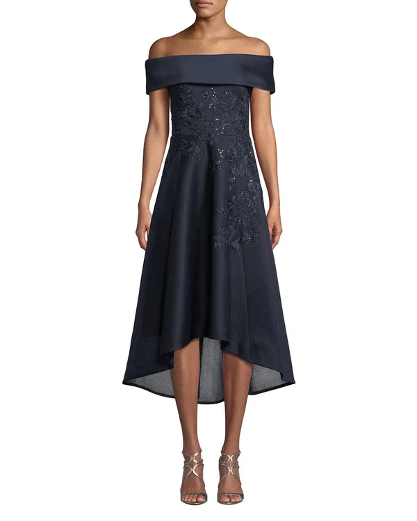 Rickie Freeman for Teri Jon Off-The-Shoulder Embroidered Neoprene High-Low Dress - Blue, Women's, 16