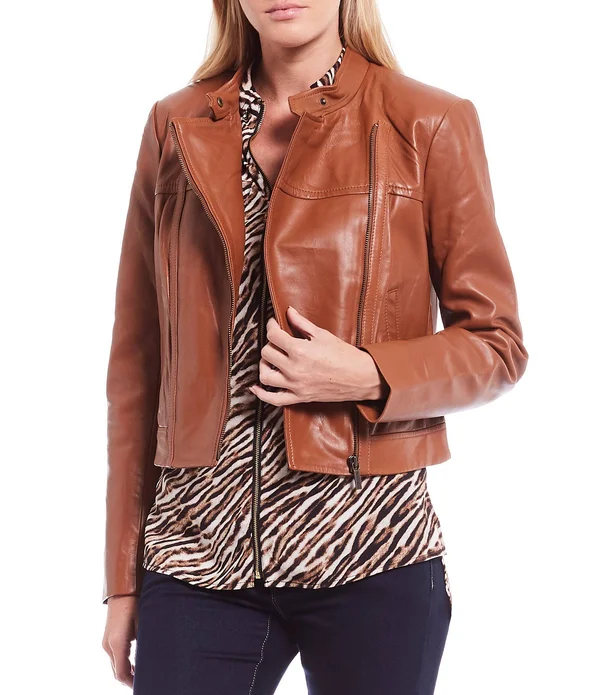 Michael Michael Kors, Leather Moto Jacket, Brown, Xs