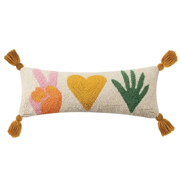 Peking Handicraft 30JBL38C20OB Peace Love Plants with Tassles Hook Pillow - 100% Wool and Cotton