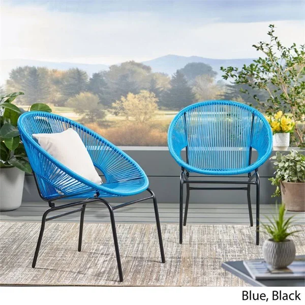 Noble House Nusa Outdoor Faux Rattan Club Chair in Blue and Black (Set of 2)