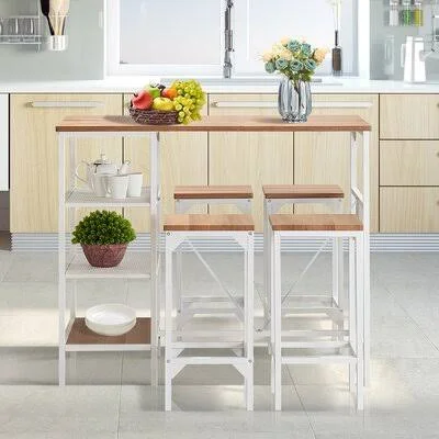 5 Piece Counter Height Dining Table Set, Industrial Style Bar Pub Table with 4 Backless Bar Stools for Home Latitude Run Table T