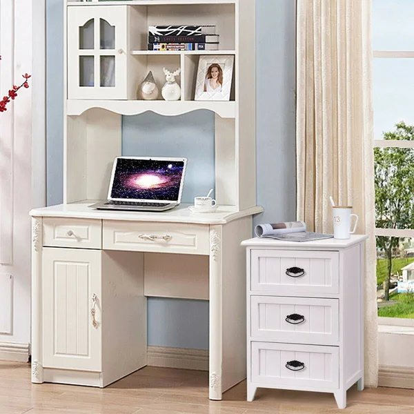Costway 3 Drawers End Storage Wood Side Nightstand-White