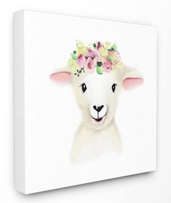 The Kids Room by Stupell 30 in. x 30 in. Cute Cartoon Baby Lamb Sheep Flower Crown Farm Painting by Studio Q Canvas Wall Art - Mu