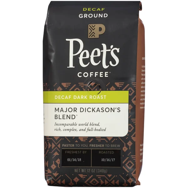 Peets Coffee Coffee, Ground, Dark Roast, Major Dickason&s Blend, Decaf - 12 oz
