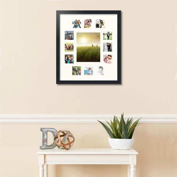 Collage Picture Frame - Satin Black Frame with 13 openings for 8x10 Photos with White Mat. D3926IG676, ArtToFrames