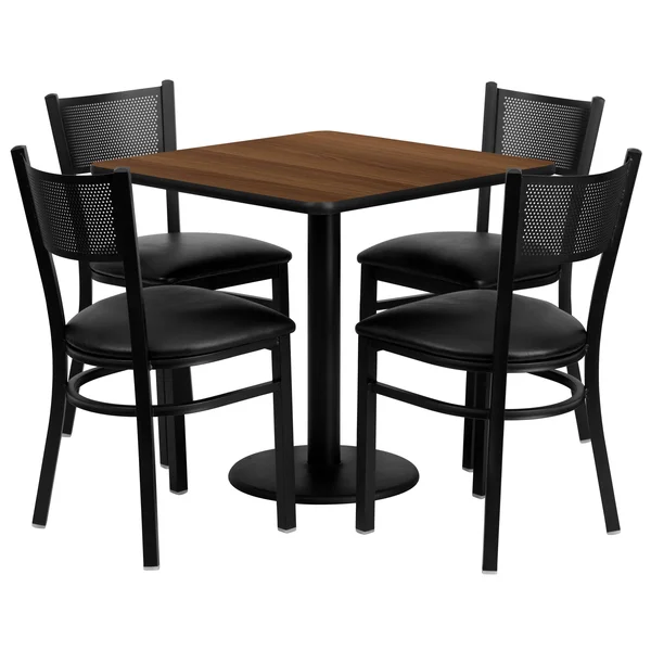 Flash Furniture Laminate Table Set with 4 Grid Back Metal Chairs: Black Vinyl SEAT - Walnut, 30'' Square