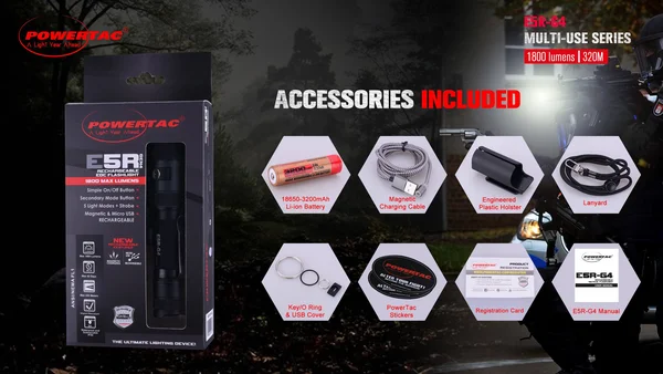 Powertac E5R-G4 Rechargeable LED Flashlight - Cree XHP35 - 1800 Lumens - Include