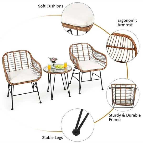 3 Pcs Patio Rattan Bistro Set with Cushion-White