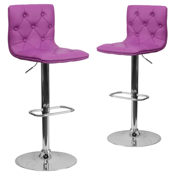 2 Pk. Contemporary Tufted Black Vinyl Adjustable Height Barstool with Chrome Base