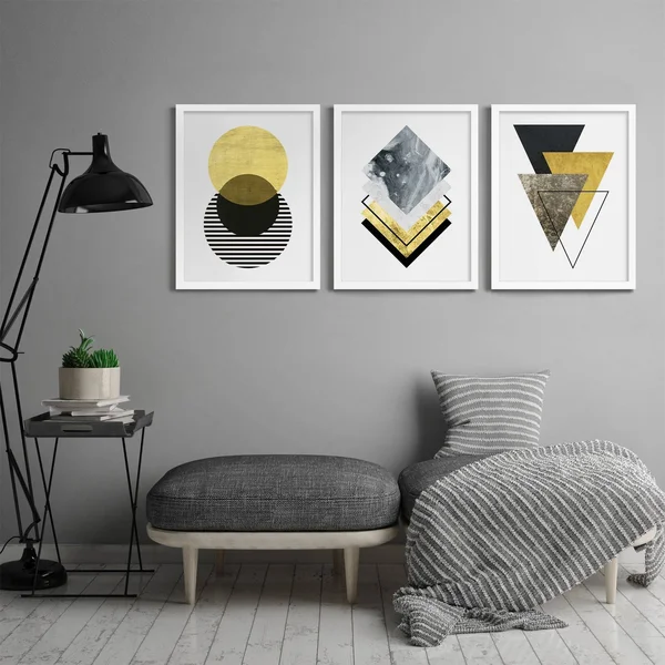 Americanflat Triptych Wall Art Minimalist Geo by Monica Pop - Set of 3 Black Framed Prints, Size: 22 x 28, Gold